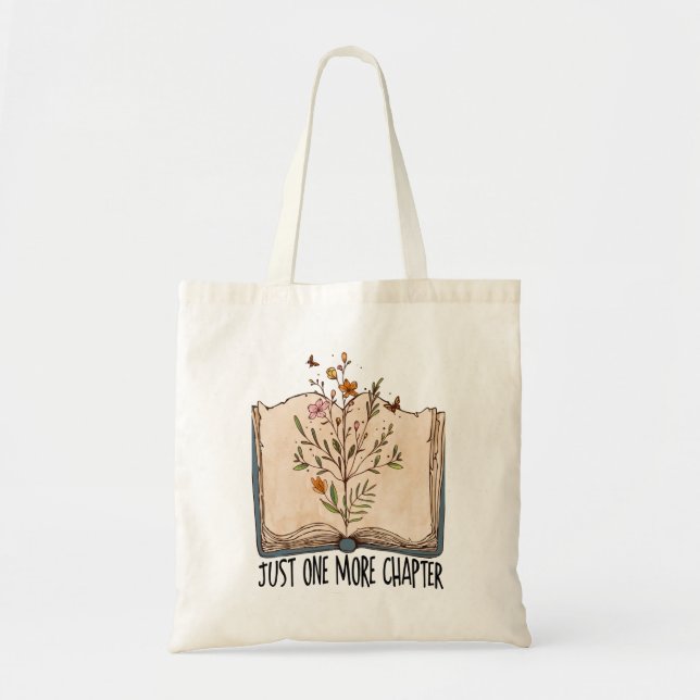 Open book wild flowers butterfly one more chapter tote bag (Front)