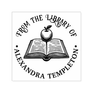 Open Book with Apple #1P with Library Book Name Self-inking Stamp