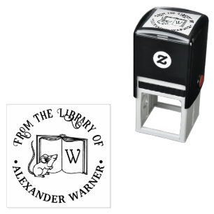 Open Book With Cute Mouse Library Name Initial Self-inking Stamp