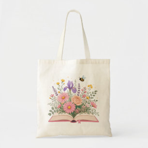 Open Book with Erupting Wildflowers and Bee Tote Bag