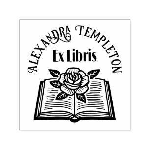Open Book with Rose #2PS with Ex Libris Name Self-inking Stamp