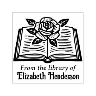 Open Book with Rose #2PS with Library Book Name Self-inking Stamp