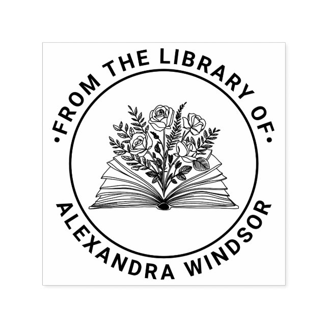 Open Book with Rose Bouquet Name Library Book Self-inking Stamp (Design)