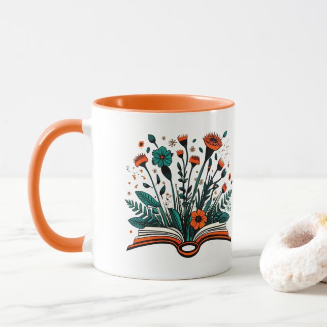 Open Book with Sprouting Flowers Mug (With Donut)