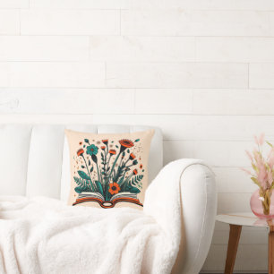 Open Book with Sprouting Flowers  Throw Pillow
