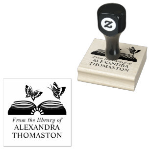 Open Book with Two Butterflies Library Book Name Rubber Stamp