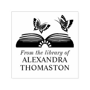  Open Book with Two Butterflies Library Book Name Self-inking Stamp