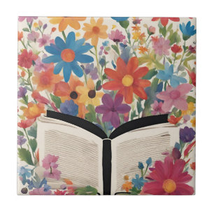 Open Book with Watercolor Flowers  Tile