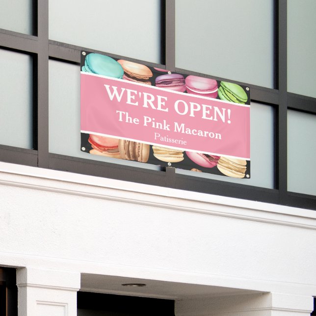 Open for Business | Macaron French Patisserie Pink Banner (Outside Building)