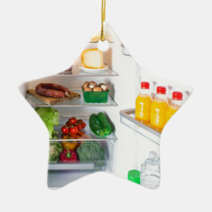 Open fridge filled with food ceramic ornament