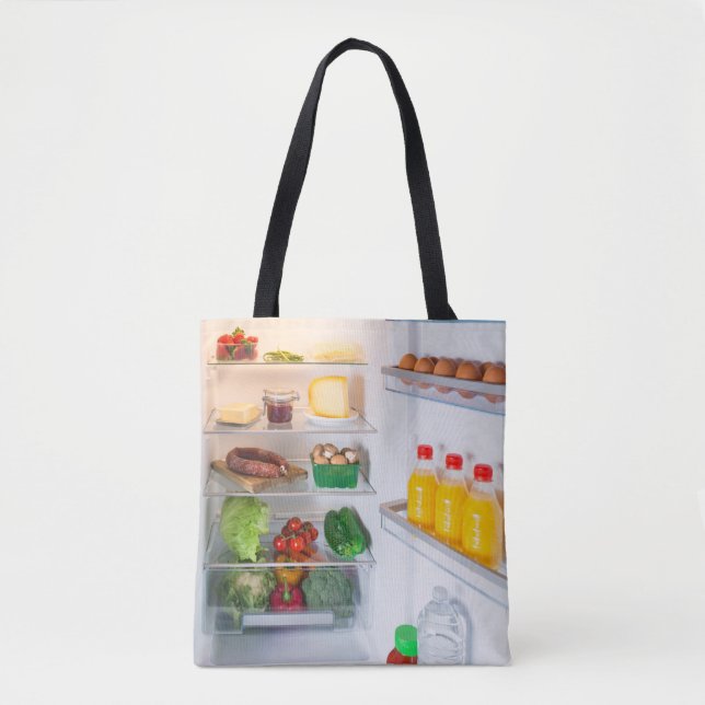 Open fridge filled with food tote bag (Front)