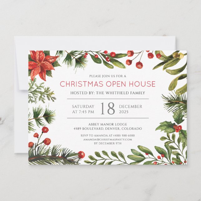Open House Floral Christmas Holiday Party Invitation (Front)