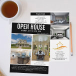 Open House Modern Black Real Estate Listing Flyer<br><div class="desc">Advertise your open house on this chic two sided real estate flyer with a black accent and white typography with your listing details. Send out these classy flyers to potential homebuying clients in your realty area. Customize with your real estate company name and contact details on the back. Draw new...</div>