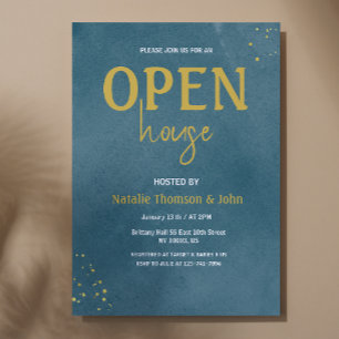  open House Navy Blue Sprinkle Gold  Invitation