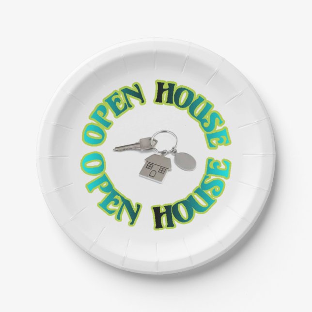 Open House Warming Real Estate House Keys Paper Paper Plate (Front)