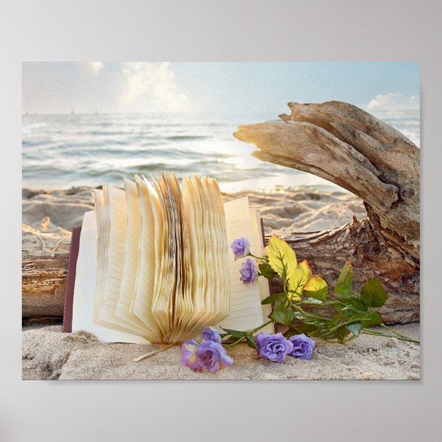 open journal on beach driftwood poster (Front)