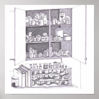 Open Kitchen Cabinet and Shelves Filled Various Poster