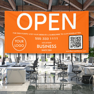 Open Modern Orange Business Logo QR Code Banner