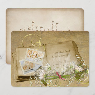 open old wedding scrapbook with bridal bouquet invitation