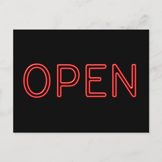 OPEN Red Neon Letters on Black Background Postcard (Front)