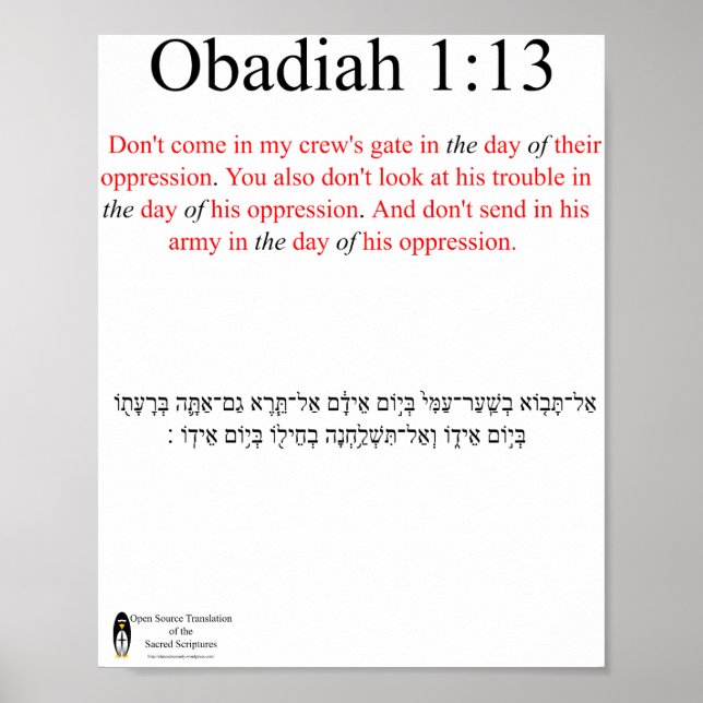 Open Source Translation Obadiah 1:13 Poster (Front)