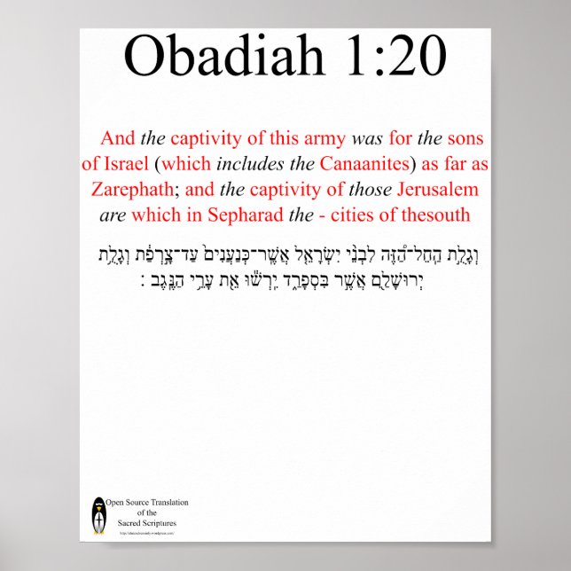 Open Source Translation Obadiah 1:20 Poster (Front)