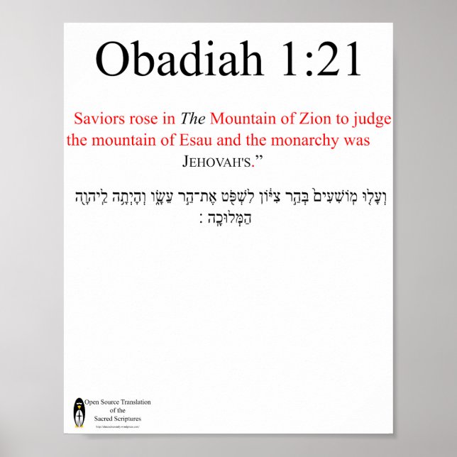Open Source Translation Obadiah 1:21 Poster (Front)