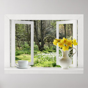 Open Window onto Woodland Scene with Daffodils Poster