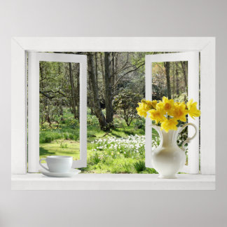 Open Window onto Woodland Scene with Daffodils Poster