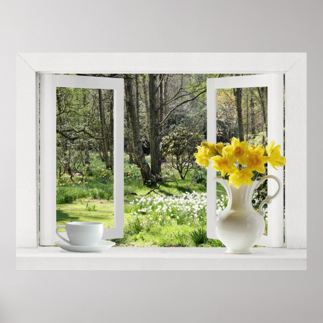Open Window onto Woodland Scene with Daffodils Poster (Front)