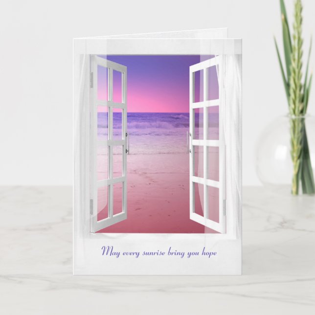 open window purple ocean sunrise sympathy card (Front)