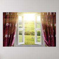 Open window with countryside view and sunlight str