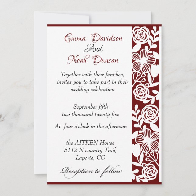 Open-Work Elegant Maroon Wedding Invitation Card (Front)