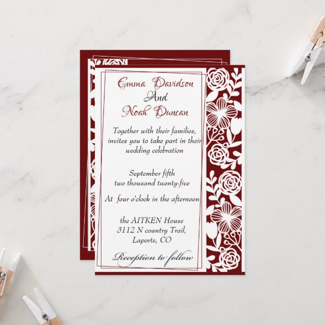 Open-Work Elegant Maroon Wedding Invitation Card (Front/Back In Situ)
