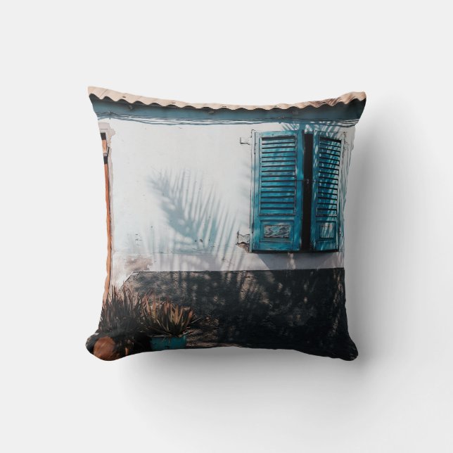 OPENED BLUE LOUVERED WINDOWS THROW PILLOW (Front)