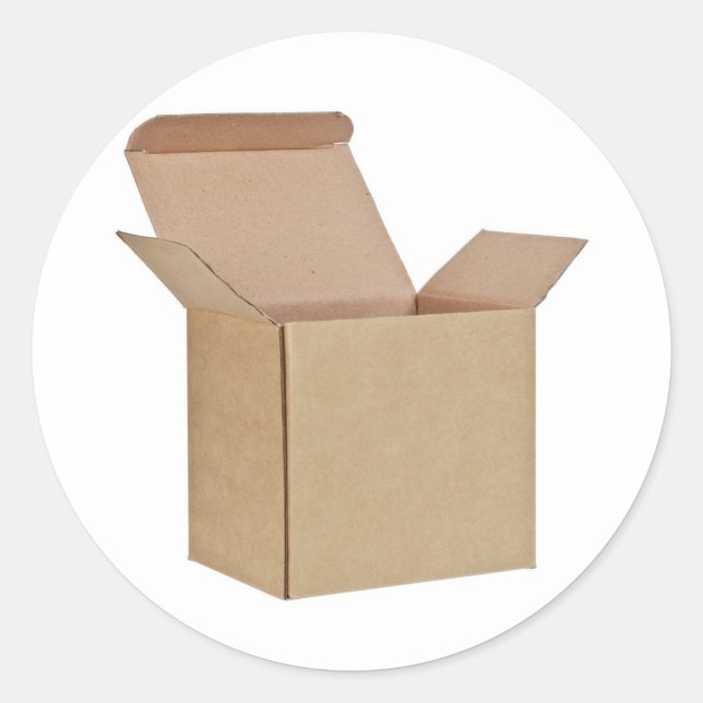 Opened cardboard box classic round sticker (Front)