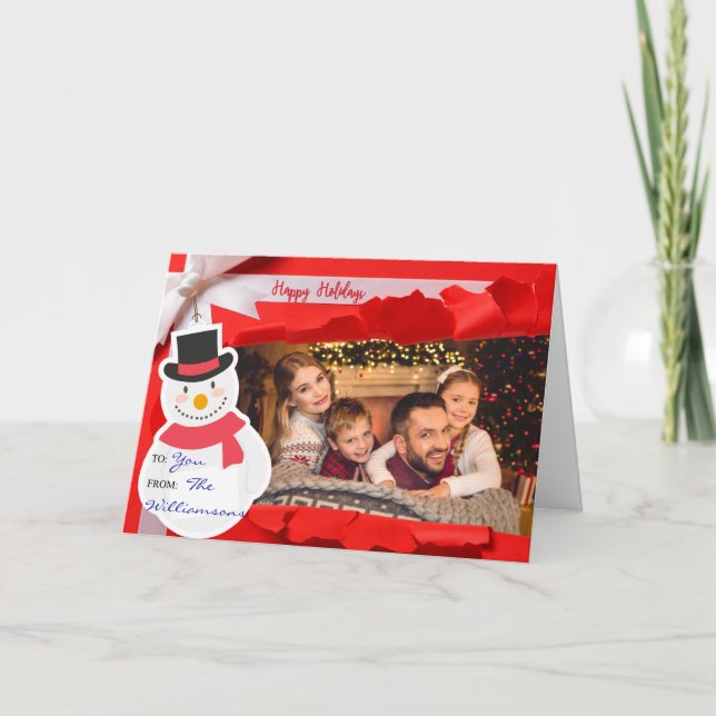 Opened Gift Reveals Family Photo Happy Holidays Holiday Card (Front)