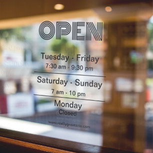 Opening Business Hours Black Script Transparent  Window Cling