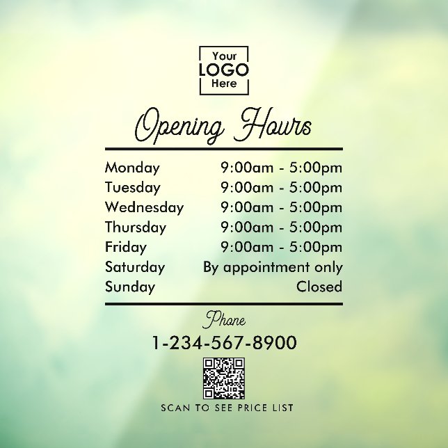 Opening Business Hours Logo Black Script Simple Window Cling (Sheet 3)