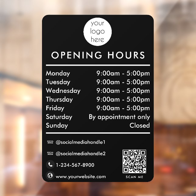 Opening Business Hours Times QR Code Logo Black Window Cling (Sheet 2)