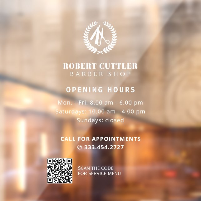 Opening hours barber salon custom logo QR CODE Window Cling (Sheet 2)