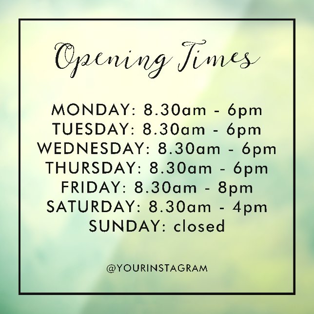 Opening hours business black modern minimalist window cling (Sheet 3)