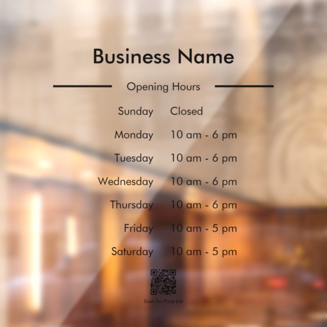 Opening Hours Business Name QR Code See-Through Window Cling (Sheet 2)