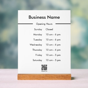 Opening Hours Business Name QR Code White Acrylic Sign