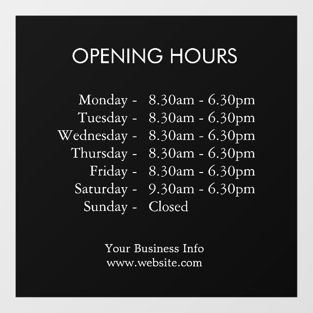 Opening Hours | Custom Business Times Black  Window Cling (Sheet)