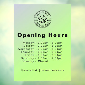 Opening Hours Elegant Script Small Business Logo Window Cling