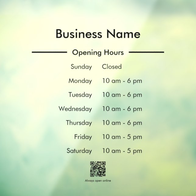 Opening Hours Schedule Business Name QR Code Clear Window Cling (Sheet 3)