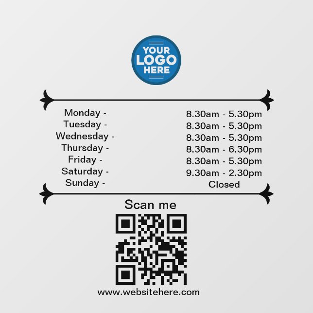 Opening Hours With QR Code Custom Business Logo  Window Cling (Sheet)