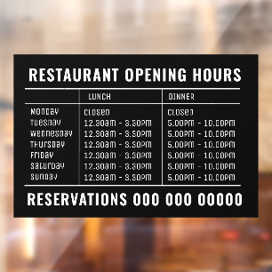 Opening Lunch & Dinner Hours Restaurant Window Cling