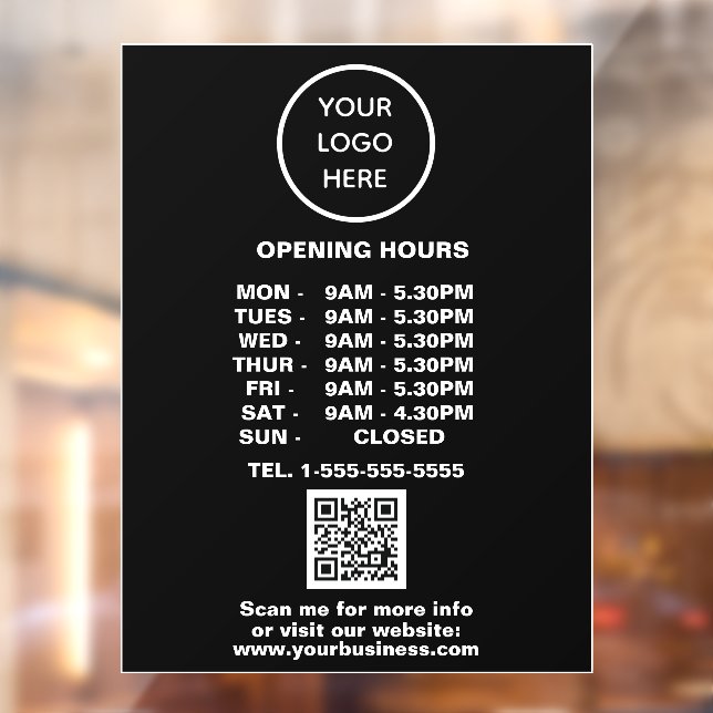 Opening times Black Business Logo QR Code  Window Cling (Sheet 2)